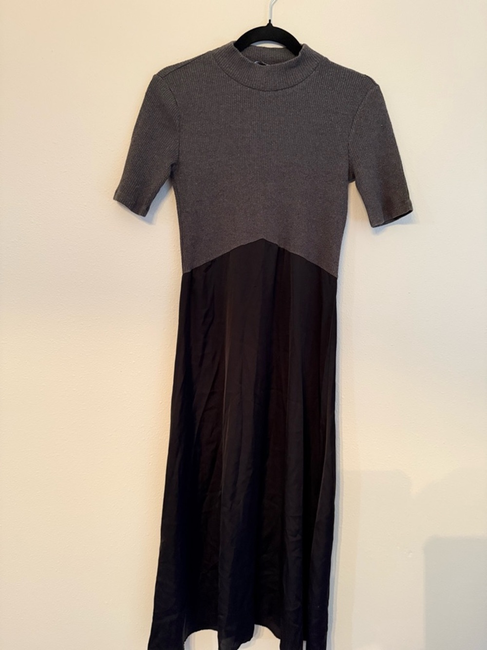 Zara Two-Tone Long Sleeve Knit & Satin Dress in Gray and Black